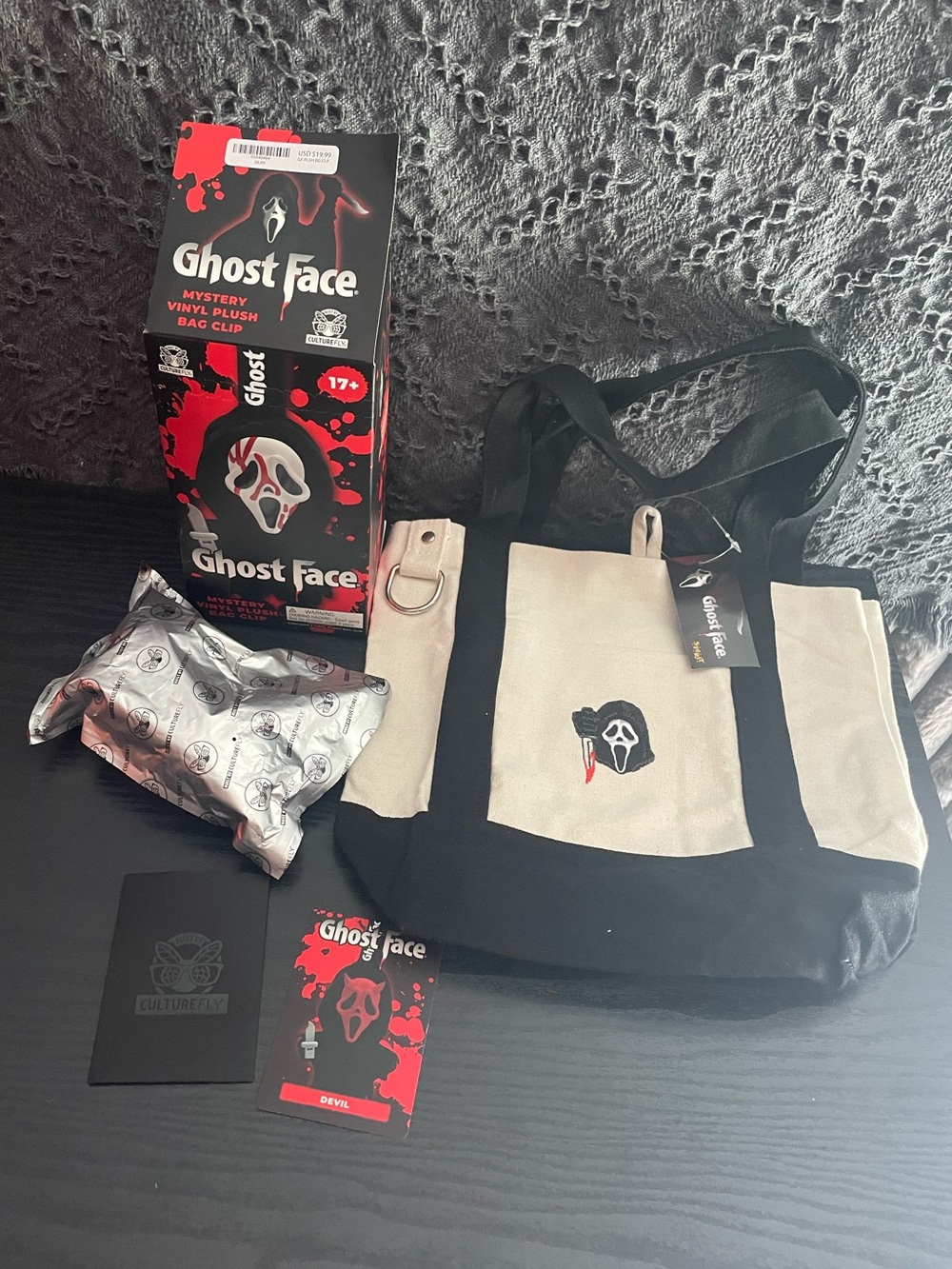 Opened Box Ghost Face Mystery Vinyl Plush Bag Clip - Devil & NWT Mini Tote Bag